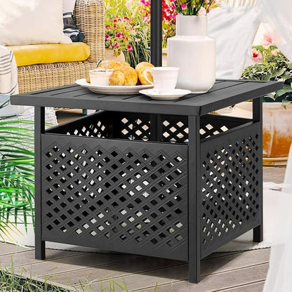 PHI VILLA 3 Piece Outdoor Bistro Set for 2, 22" Metal Square Table with Umbrella Hole & Stacking Wrought Iron Chairs, Small Furniture Conversation Set for Porch, Deck, Balcony, Patio, Yard - Black