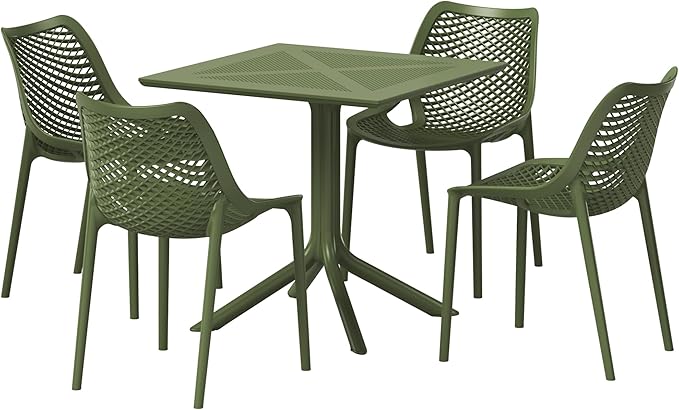 Costaelm Dining Room Chairs Set of 4, HDPE Patio Square Coffee Table and Stackable Chairs, Outdoor Deck Furnitures All Weather for Backyard Poolside, Olive Green