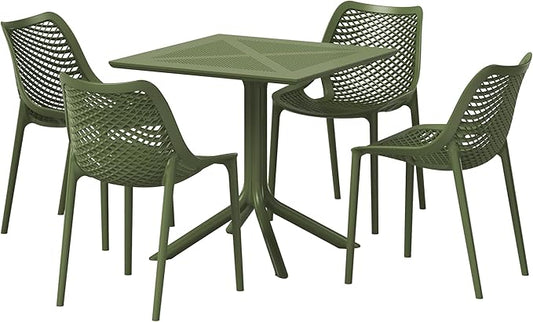 Costaelm Dining Room Chairs Set of 4, HDPE Patio Square Coffee Table and Stackable Chairs, Outdoor Deck Furnitures All Weather for Backyard Poolside, Olive Green