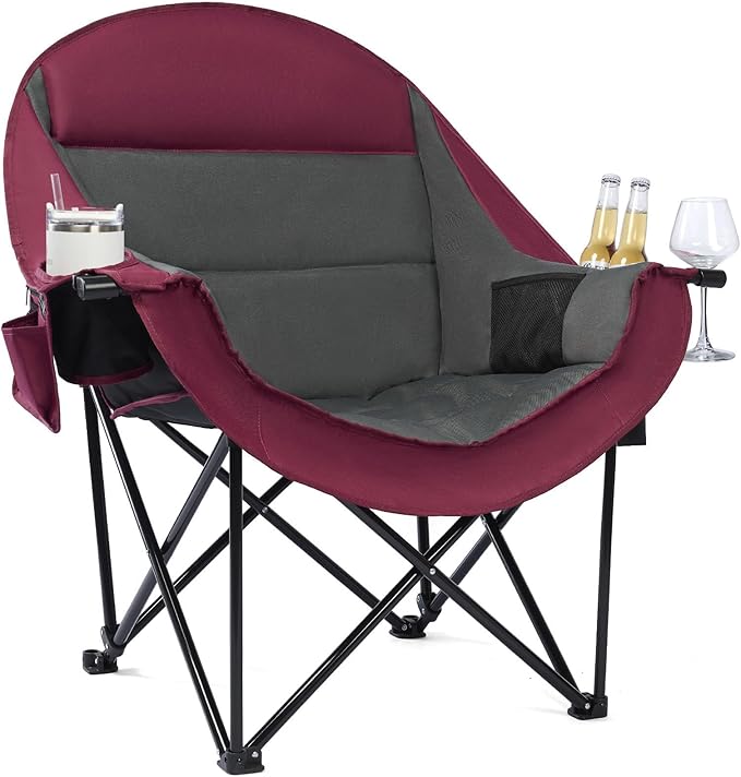 Oversized Camping Chair for Adults - Heavy Duty Padded Outdoor Folding Lawn XL Camp Chair with Cup Holder Cooler Pockets for Sports Beach Fishing Garden Portable Supports 500lbs, Red/Grey