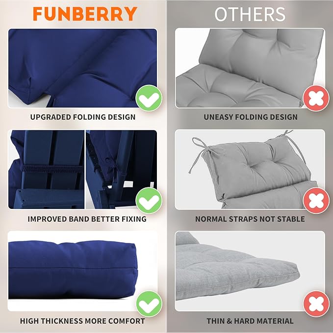 FUNBERRY Adirondack Chair Cushions Set of 2, Thicken Comfy Cushions for Rocker Non Slip Fade Shield Waterproof High Back with Ties