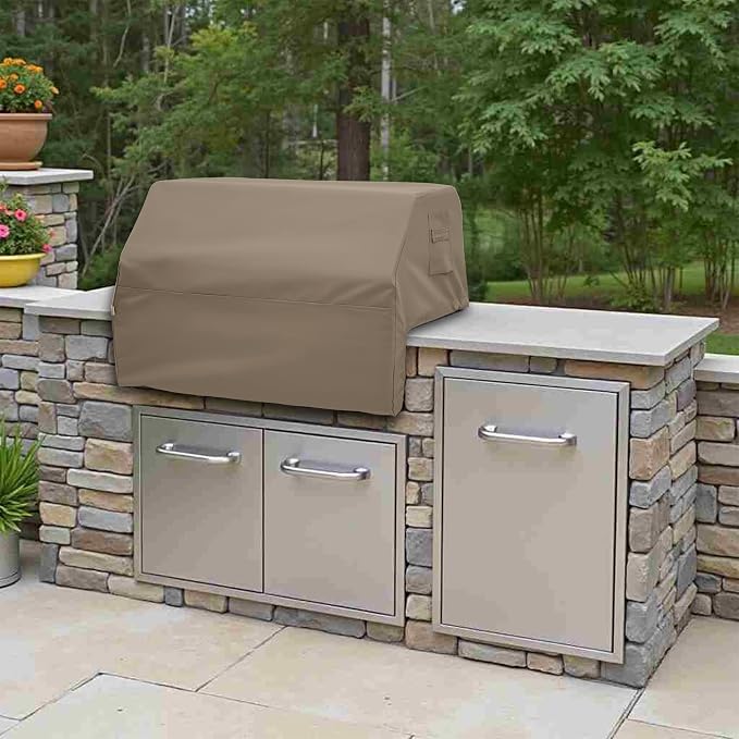 Covers & All Built-in Grill Cover for Outdoor Grill – Heavy Duty 12 oz Waterproof Built-in BBQ Grill Cover, PVC-Coated Polyester with Elastic Hem for Snug Fit (30 x 26 x 14 inches, Beige)