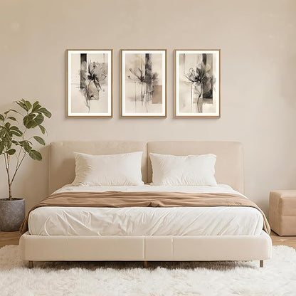 FWIEXA Black Beige Floral Canvas Wall Art Set 3, Neutral Abstract Framed Prints, Brushstroke Geometry Line Paintings, 16x24In Watercolor Ink Artwork Poster for Farmhouse, Living Room, Bedroom, Office
