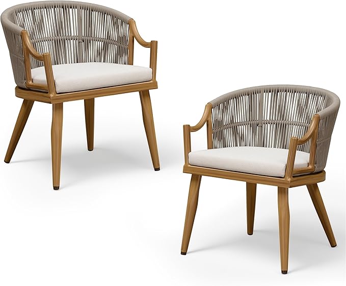 PURPLE LEAF Patio Dining Chairs Set of 2 Modern Wicker Outdoor Dining Chairs with Thick Cushions and Aluminum Frame All Weather Patio Chairs for Garden Porch Lawn Teak