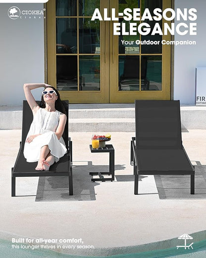 Ciokea Aluminum Chaise Lounge Chair Outdoor with Wheels, Patio Lounge Chair with Adjustable 5-Position Recliner and Full Flat Tanning Chair for Patio, Beach, Pool, Black