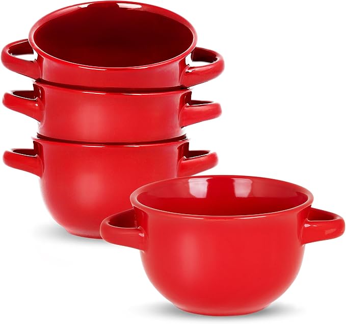 KooK French Onion Soup Crocks with Handles, Ceramic Bowls, for Rice, Dessert, Pasta, Dishwasher, Microwave, Oven & Broil Safe, Red, Set of 4, 18 oz, Red