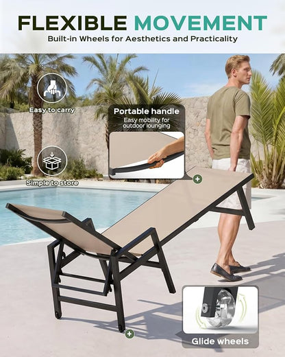 Vexwalx Patio Chaise Lounge Chair Outdoor with Wheels&Armrests, Aluminum Pool Lounge Chairs 5-Position Adjustable Recliner, Outdoor Beach Lounge Chairs for Outside, Patio, Deck, Yard, Khaki