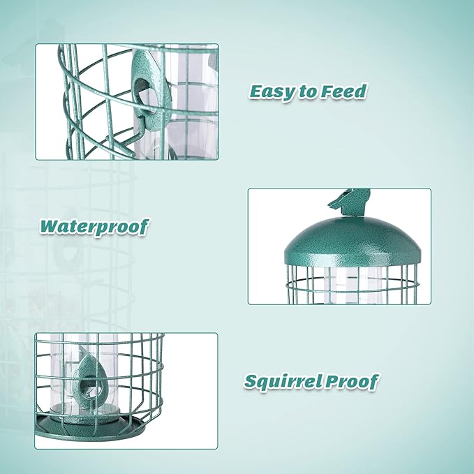 Yinns Caged Bird Feeder for Outside, Large Squirrel Proof Metal Bird Feeders 3 Lbs, Wild Bird Feeder Hanging Outdoors Tube Feeders with 4-Ports, Waterproof (Green)