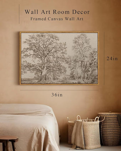 InSimSea Framed Canvas Prints Vintage Decor, Rustic Nature Sketch Tree Landscape Paintings Wall Art, Large Countryside Farmhouse Hanging Wall Decor for Living Room Bedroom, 24x36inch