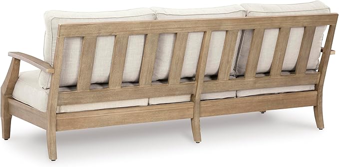 Signature Design by Ashley Carter Hall Outdoor Eucalyptus Wood Patio Sofa – Cushioned with UV-Resistant Nuvella Fabric, 5-Step Protective Finish, Beige