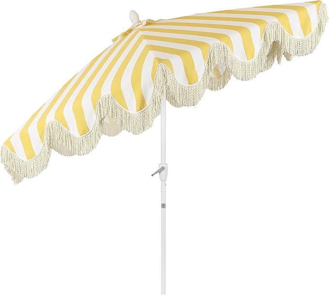 JONATHAN Y UMB1001 Collins 9 ft. Classic Cottage Tassel Market Patio Umbrella with Auto-Tilt, Crank, Wind Vent and UV Protection
