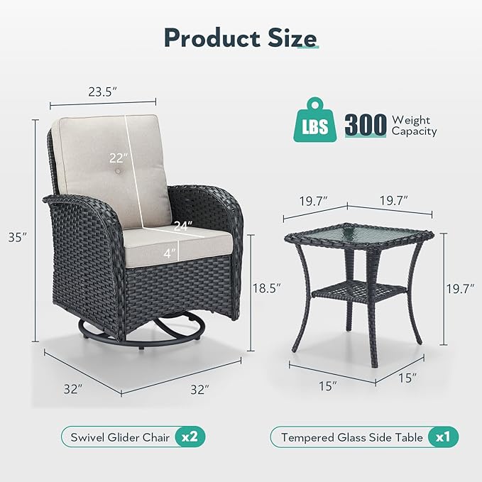 Outdoor Swivel Glider Rocker Chairs - 3 Piece Patio Furniture Set, Patio Bistro Sets with Tempered Glass Side Table, for Balcony, Porch - Black Wicker Beige Cushion