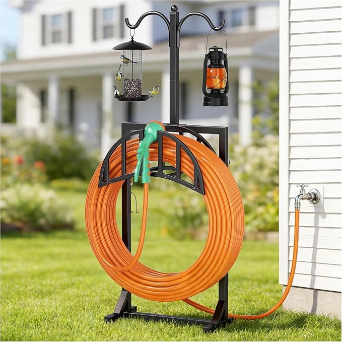 2 Pack Garden Hose Holder, Water Hose Stand for Outside with 4 Stake and 2 Shepherds Hooks, Freestanding Hose Storage Holds 150Ft, Heavy-Duty Metal Hose Hanger Rack for Yard, Lawn, Farm