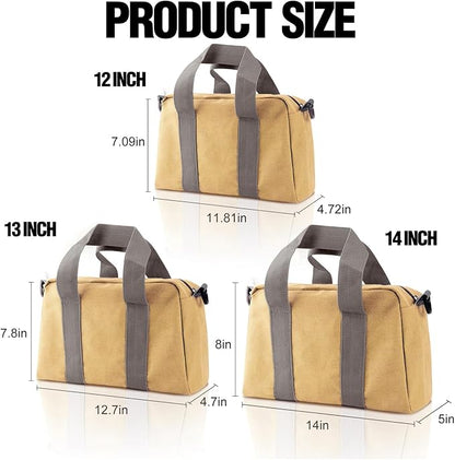 Small Tool Bag, Canvas Tool Storage Bag, Large Capacity Multipurpose Zipper Soft Tote Organizer Pouch for Electrician, Plumbing, Gardening,Tools Bags for Men (Khaki, 14 Inch)