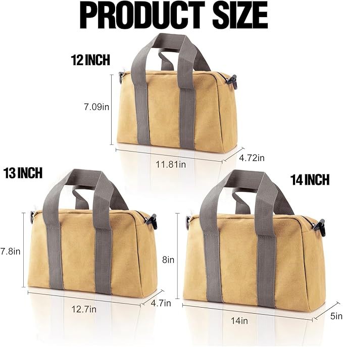Small Tool Bag, Canvas Tool Storage Bag, Large Capacity Multipurpose Zipper Soft Tote Organizer Pouch for Electrician, Plumbing, Gardening,Tools Bags for Men (Khaki, 12 Inch)