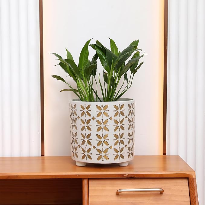 8 Inch Plants Pot, Planter for Indoor Plant, Indoor & Outdoor Flowerpot with Drainage Hole - for Decoration of Home Garden & Terrace, White & Gold