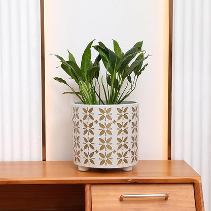 8 Inch Plants Pot, Planter for Indoor Plant, Indoor & Outdoor Flowerpot with Drainage Hole - for Decoration of Home Garden & Terrace, White & Gold