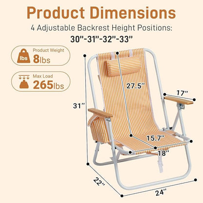 Outvita 2 Pack Folding Beach Chair, 4 Position Adjustable Reclining Lounge Chair with Padded Headrest, Large Rear & Side Storage Pockets, Lightweight Portable Outdoor Chair for Beach Pool Garden BBQ