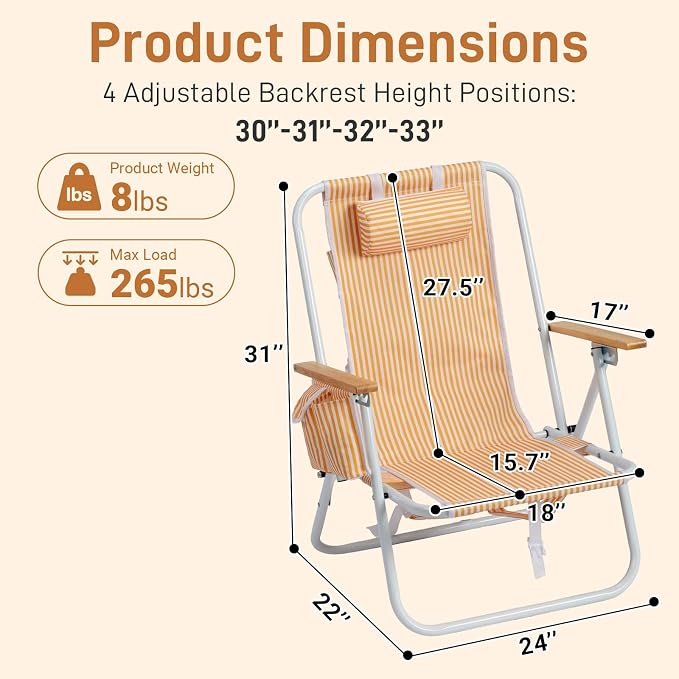 Outvita Folding Beach Chair, 4 Position Adjustable Reclining Lounge Chair with Padded Headrest, Large Rear & Side Storage Pockets, Lightweight Portable Outdoor Chair for Beach Pool Garden BBQ