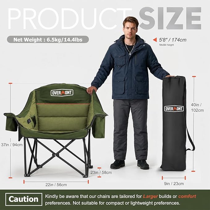 Overmont Gentle Heated Oversized Camping Chair for Adults - 3 Levels Seat & Back Separately Control - 500lbs Support Heavy Duty Padded Folding Chair Outdoor Garden Portable - Battery NOT Included