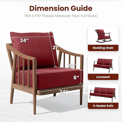 Outdoor Chair Cushions, 6 Inch Thick Patio Seat & Back Cushions Set with Removable Cover, Waterproof Patio Cushions for Outdoor Furniture, 22 x 24 Inch, Red 6-Set