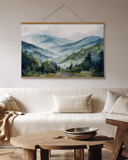 ARPEOTCY Extra Large Vintage Framed Wall Art, 36x54 Inch Watercolor Blue Ridge Mountains Forest Landscape Hanging Framed Canvas Print Art for Living Room Bedroom, Farmhouse Above Bed Wall Decor