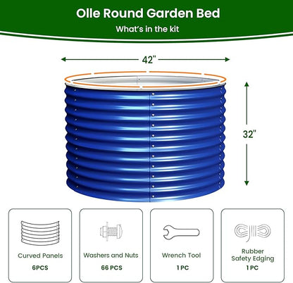 Olle 32" Tall, Galvanized Raised Garden Bed for Flower Round Galvanized Planter Raised Bed Metal Raised Planter Bed, Urban Vegetable Garden Planters, Cobalt Blue