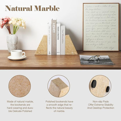 Karibiber Marble Bookend for Heavy Books, Decorative Bookends for Shelves, Durable and Heavy-Duty Book End for Hardback Book & CDS, Unique Book Stopper & Holder, Pearlly Yellow, Set of 2