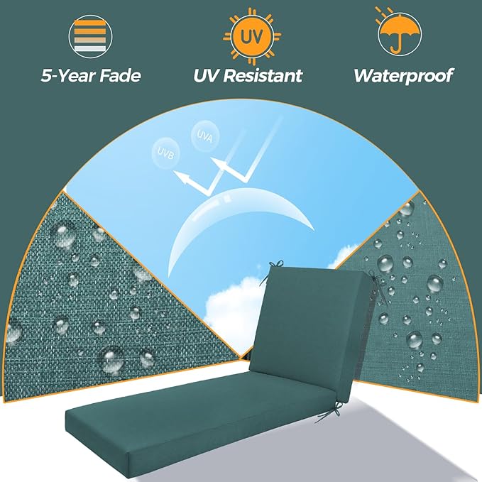 Outdoor Chaise Lounge Cushion Set of 2- Waterproof & Fade Resistant Patio Lounger Cushions with Removable Cover for Pool, Deck, Lawn .70 x 22 x 4 Inch (Green)