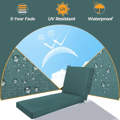 Outdoor Chaise Lounge Cushion Set of 2- Waterproof & Fade Resistant Patio Lounger Cushions with Removable Cover for Pool, Deck, Lawn .70 x 22 x 4 Inch (Green)