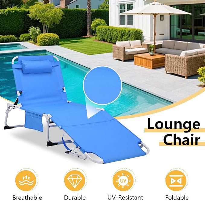 HRVEOCEI 3-in-1 Sun Tanning Chair with Face Hole,Adjustable 5-Position Folding Laying Out Chairs for Tanning,Outdoor Face Down Beach Lounger Sun Bathing Lounge Chair for Pool Deck Patio (Blue)