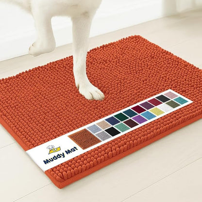 Muddy Mat® | Super Water Absorbent Door Mat Indoor, Microfiber Quick Dry Chenille Entryway Rug, Slip Resistant Front Door Mat, Indoor Mats for Entryway, Machine Washable Pet Rug, Orange 30"x19"