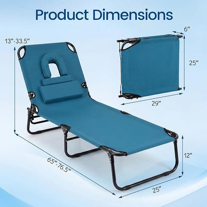 Giantex 2-Pack Tanning Chair, 350lbs Adjustable Patio Lounge Chair w/Face Hole, Removable Pillows, Carry Strap, Folding, Outdoor Chaise Lounge for Layout Beach Poolside Lawn