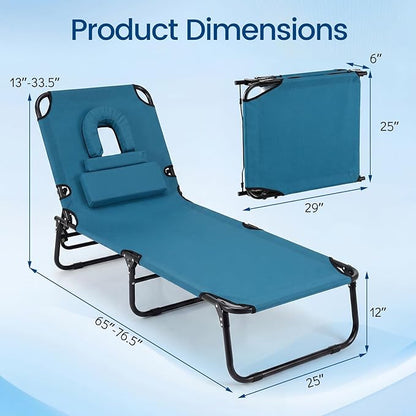 Giantex 350lbs Adjustable Patio Lounge Chair w/Face Hole, Removable Pillows, Carry Strap, Layout Chair, Folding Beach Chair, Outdoor Chaise Lounge for Poolside Lawn Tanning (1, Blue)