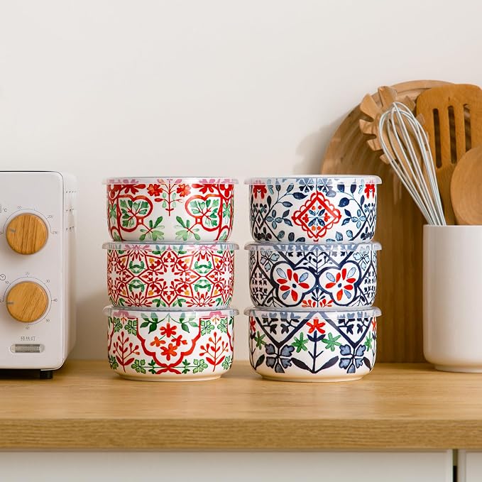Ceramic Bowl with Lid, Microwave Safe, Set of 6 | Food Storage Containers for Soup, Meal Prep, Cereal, Salad Leftovers - Picnic, Camping, Office Lunch - 20 oz, A-Pattern
