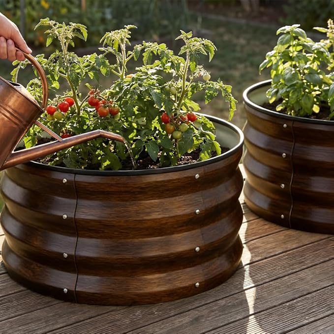 COMHOMA 3 Pack Round Raised Garden Bed 2x2x1ft,Galvanized Metal Planter Box Kit for Outdoor Gardening,Vegetable Flower Herb Growing Beds with Gloves Tools,Brown