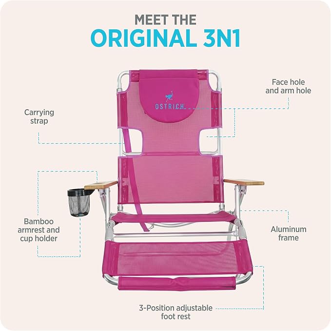 Ostrich The Original 3N1 Lightweight Lawn Beach Reclining Lounge | Chair with Footrest, Outdoor Furniture for Patio, Balcony, Backyard, or Porch, Pink