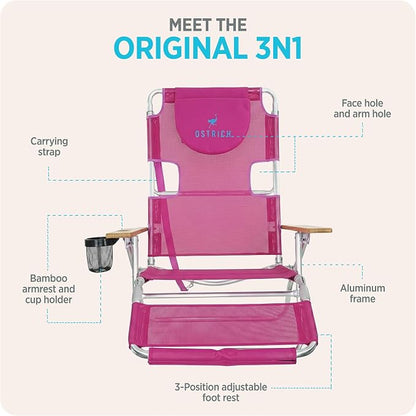 Ostrich The Original 3N1 Lightweight Lawn Beach Reclining Lounge | Chair with Footrest, Outdoor Furniture for Patio, Balcony, Backyard, or Porch, Pink