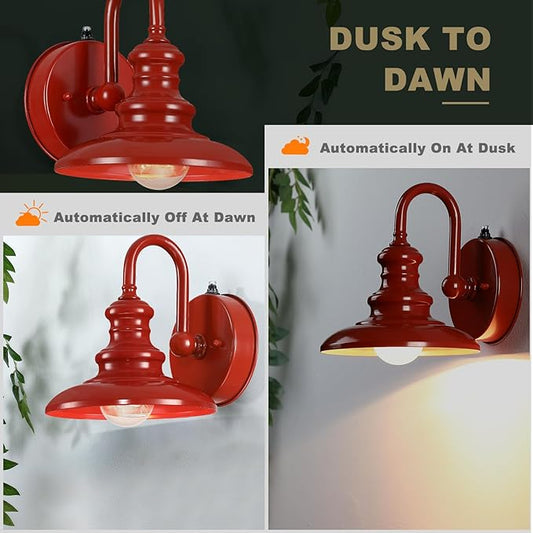 LONEDRUID Dusk to Dawn Sensor Outdoor Gooseneck Barn Light Fixtures Red Exterior Wall Sconce Lighting Rustic Outside Porch Lantern Farmhouse Wall Mount Lamp for House Garage Patio