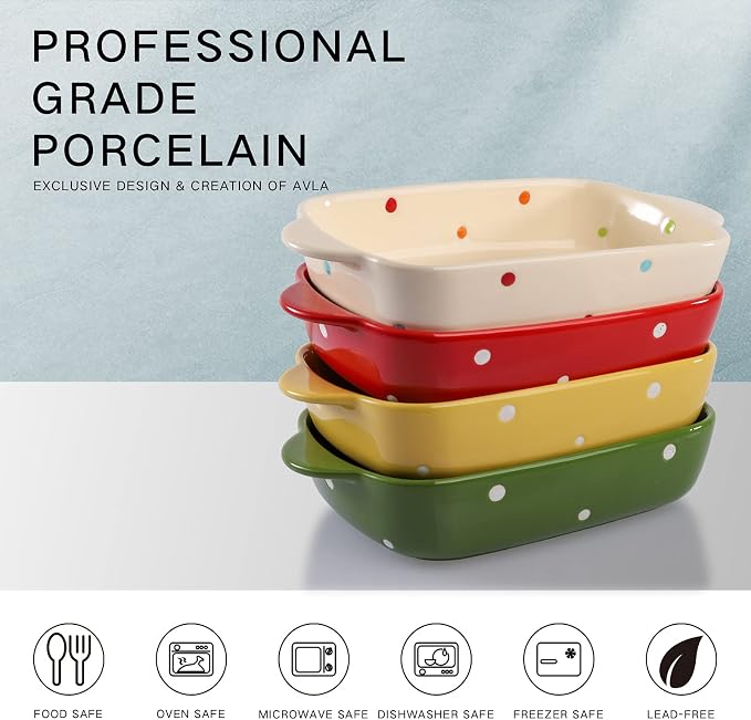 AVLA Set of 4 Ceramic Small Casserole Dishes, 7"x5" Porcelain Roasting Lasagna Pan, Individual Casserole Dishes Bakeware with Handle Rectangular Dish, Ceramic Baking Dish for Oven, 20 Oz, Polka Dot, Assorted Color