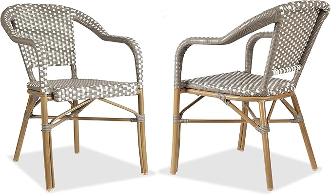 PURPLE LEAF Bistro Chair (Set of 2) French Hand-Woven Wicker Armchairs for Outdoor Patio Porch Garden Indoor, Bamboo Print Finish, Grey, Dining Chairs