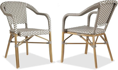 PURPLE LEAF Bistro Chair (Set of 2) French Hand-Woven Wicker Armchairs for Outdoor Patio Porch Garden Indoor, Bamboo Print Finish, Grey, Dining Chairs