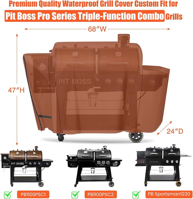 Grill Cover for Pit Boss Pro Series Triple-Function Combo Grill PB1100PSC1 PB1100PSC2 Sportsman PB1230 Wood Pellet/Gas Combo 1230 PB1230SP PB1230G, PB 67364-600D Fade Resistant Grill Cover, Brown