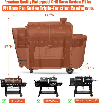 Grill Cover for Pit Boss Pro Series Triple-Function Combo Grill PB1100PSC1 PB1100PSC2 Sportsman PB1230 Wood Pellet/Gas Combo 1230 PB1230SP PB1230G, PB 67364-600D Fade Resistant Grill Cover, Brown