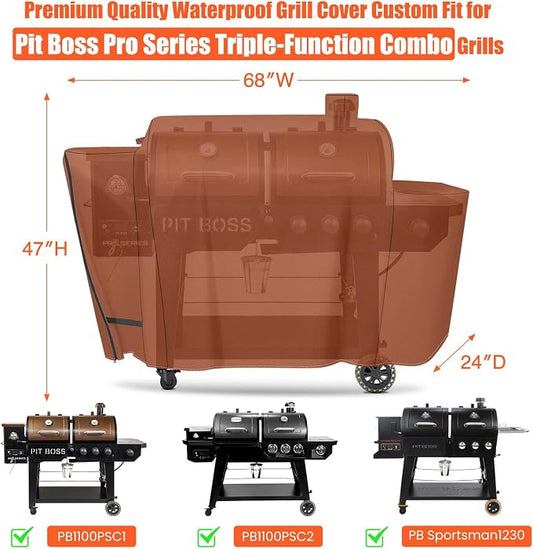 Grill Cover for Pit Boss Pro Series Triple-Function Combo Grill PB1100PSC1 PB1100PSC2 Sportsman PB1230 Wood Pellet/Gas Combo 1230 PB1230SP PB1230G, PB 67364-600D Fade Resistant Grill Cover, Brown