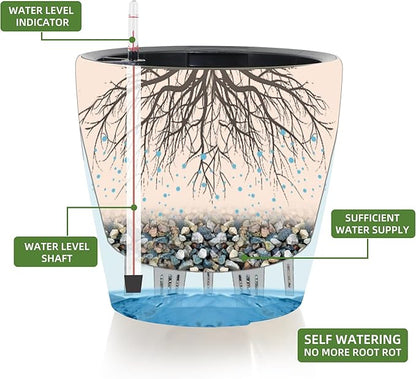 Dexceder 13x12 Self Watering Planter with Wheels Indoor Outdoor, Inner Pot Design, Thickened Large Floor Standing Flower Plant Pot with Water Level Indicator (White Gold Crackle)