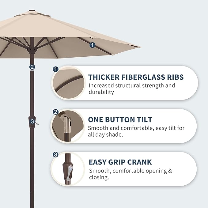 PatioKingdom 10FT Patio Umbrella with Push Button Tilt and Crank, Outdoor Market Umbrella with 8 Fiberglass Ribs, UV Protection Table Umbrella for Pool,Backyard,Garden,Deck(Beige, 10FT)