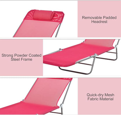 Outdoor Chaise Lounge with Detachable Pillow, Reclining Folding Chair with 5-Position Adjustable Back, Portable Tanning Chair For Beach, Pool, Lawn, Breathable Mesh Seat, No Assembly (Pink)