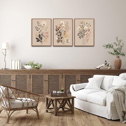 CHDITB Vintage Flower Framed Canvas Wall Art Set, Large Neutral Wildflowers Wall Decor, Farmhouse Floral Artwork Botanical Poster, Modern Art Prints for Living Room Bedroom Office Size 16"x24"