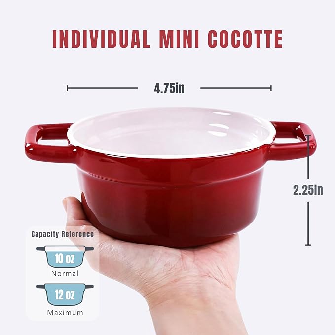 Lareina Mini Cocotte - 12oz Ceramic Casserole Dishes - Kitchen Casserole Sets With Handles And Lid - Small Baking Ramekins - Oven, Microwave & Dishwasher Safe - Set of 4 - Red | Small casserole ramekins with handles, oven, microwave & dishwasher safe. ...